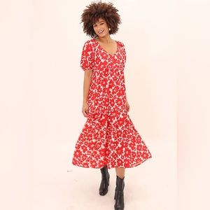 Zara Printed Poplin Floral Maxi Dress Red Size M